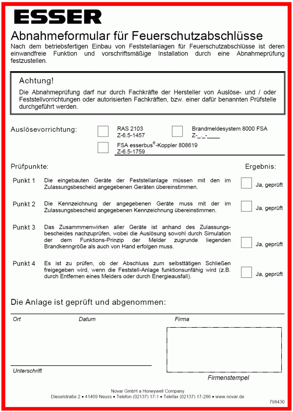 Abnahmeformular für Feuerschutzabschlüsse