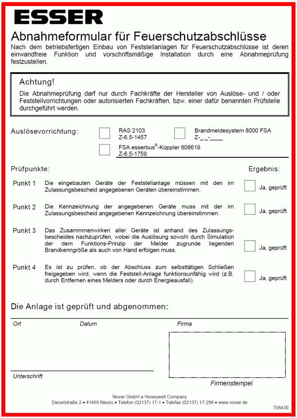 Abnahmeformular für Feuerschutzabschlüsse