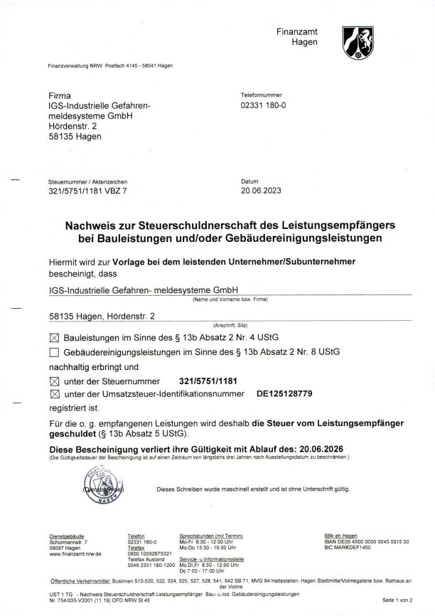 Nachweis der Steuerschuldnerhaft